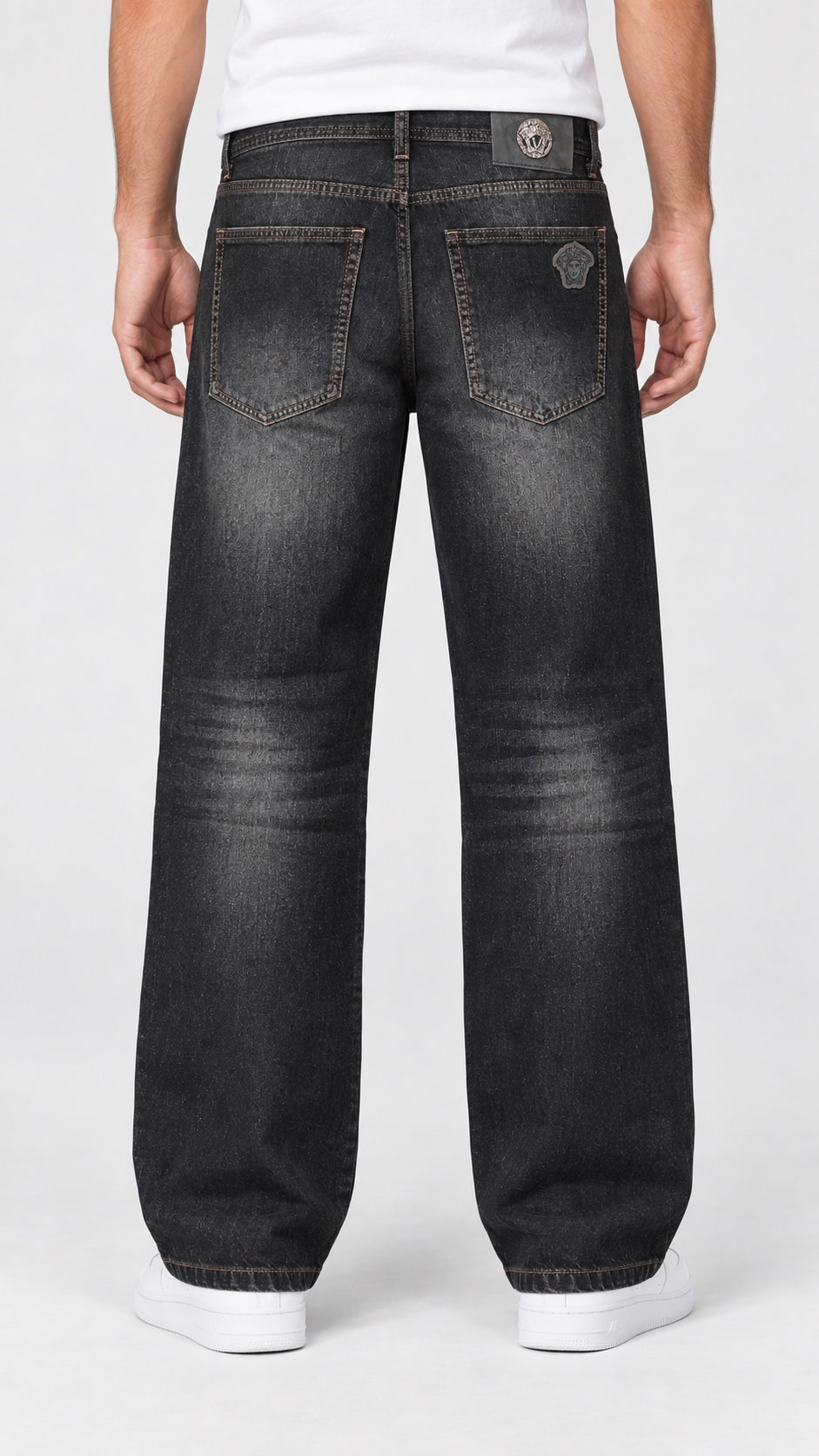 VRSC — Men’s Wide-Bottom Straight-Fit Single-Medusa Jeans – Washed Charcoal Black — 02 full back view