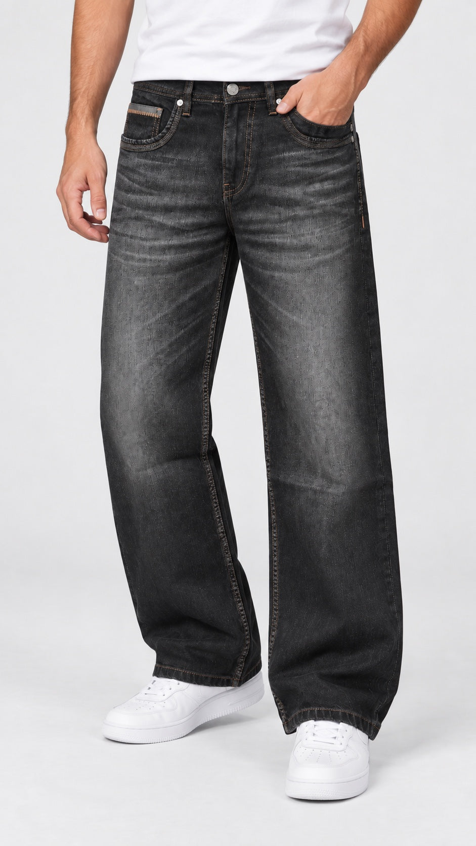 VRSC — Men’s Wide-Bottom Straight-Fit Single-Medusa Jeans – Washed Charcoal Black — 03 angled front view