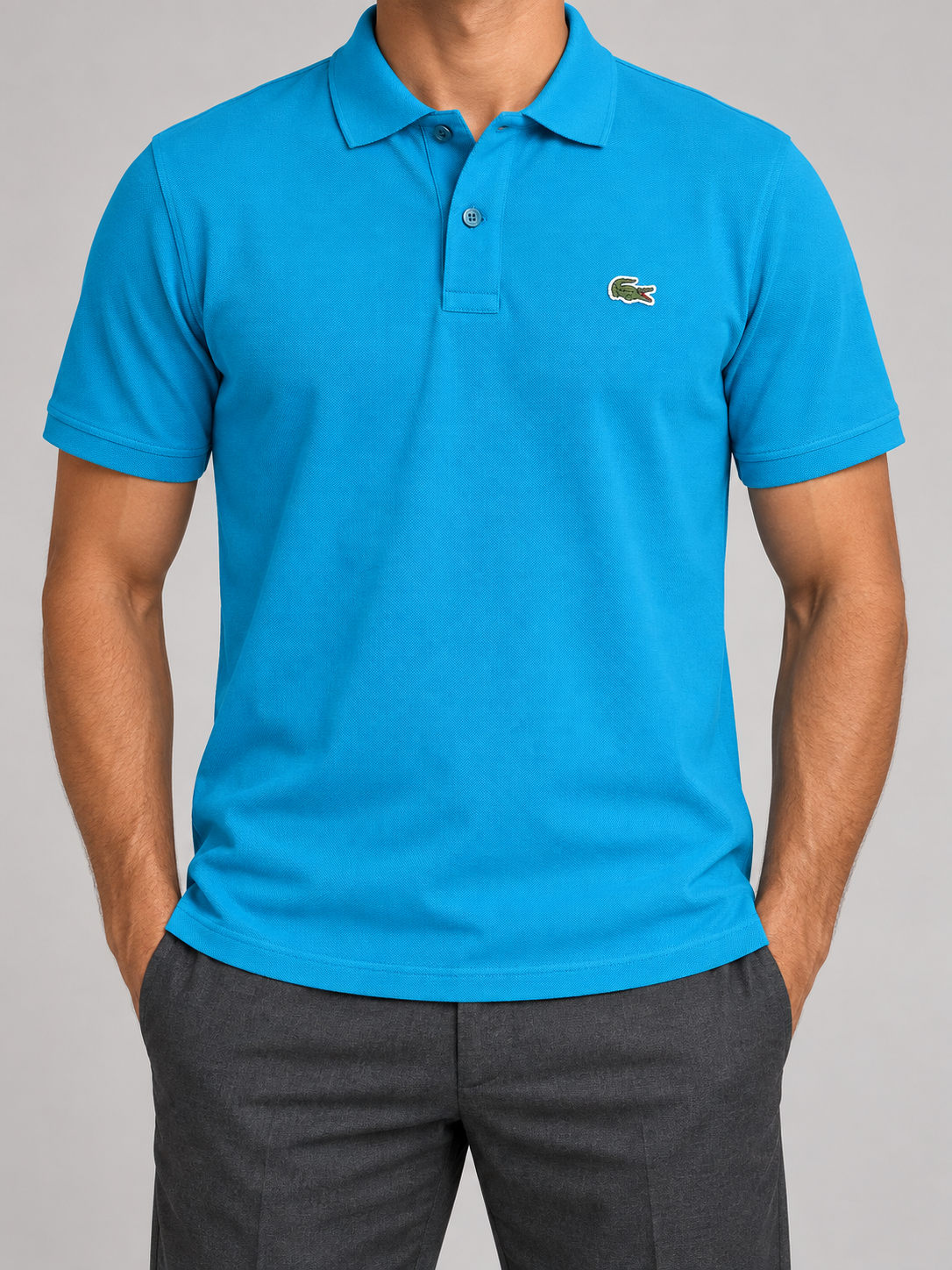 Bright Cyan Crocodile Patch Polo - front view