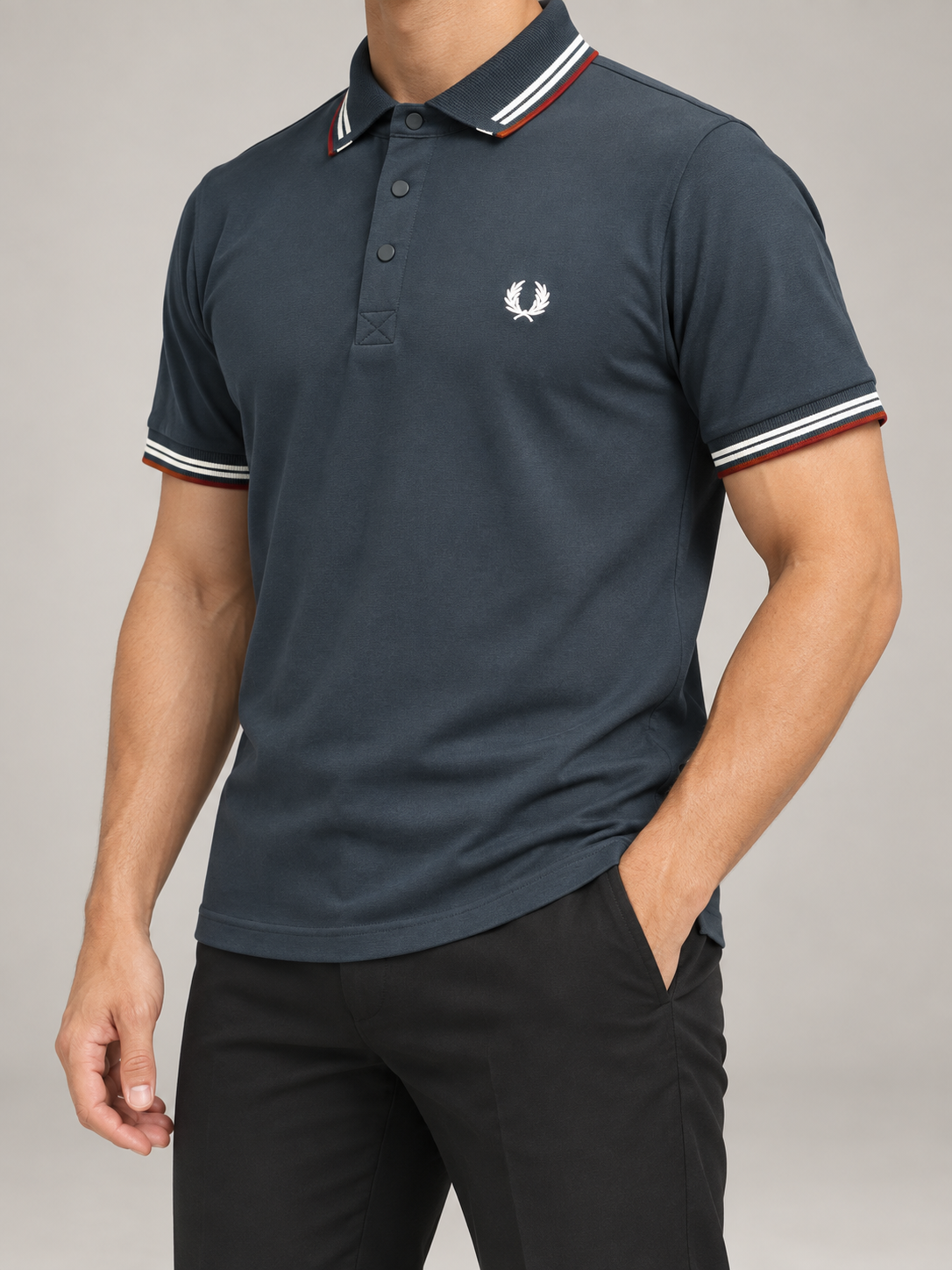 Charcoal-Blue Striped Collar Polo - view 3