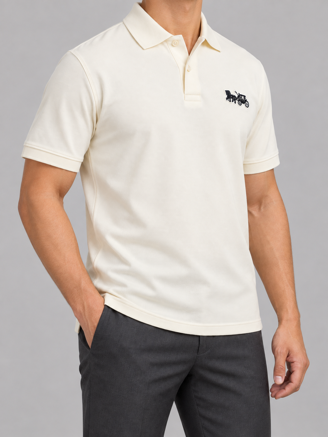 Ivory Cream Vintage Automobile Patch Polo - view 3