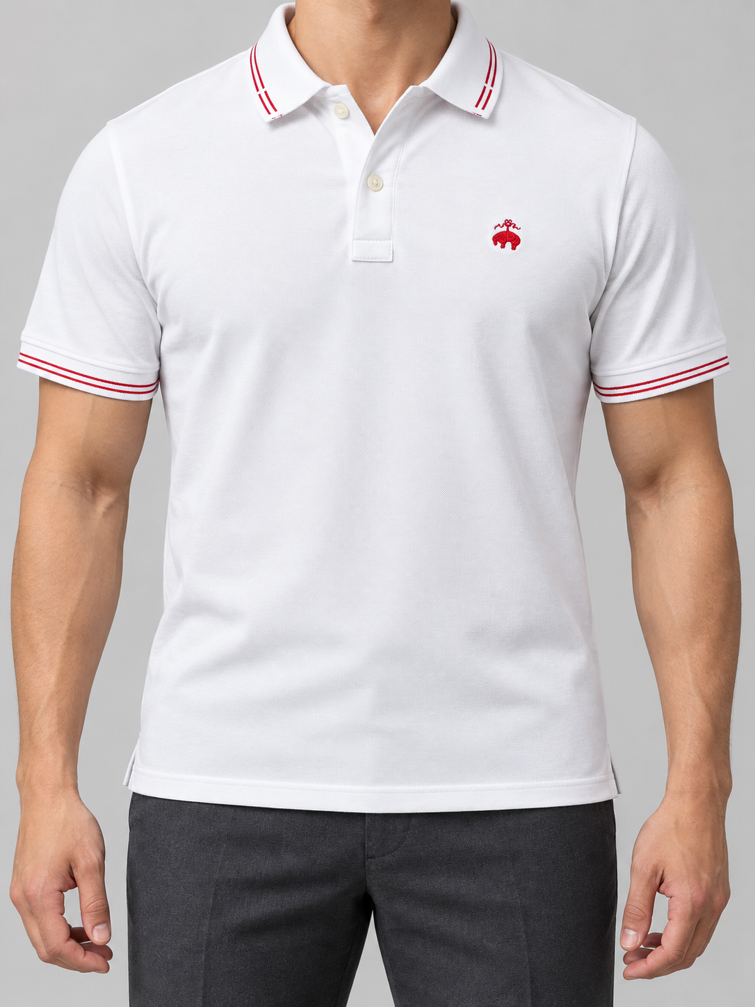 White And Red-Stripe Animal Crest Polo - front view