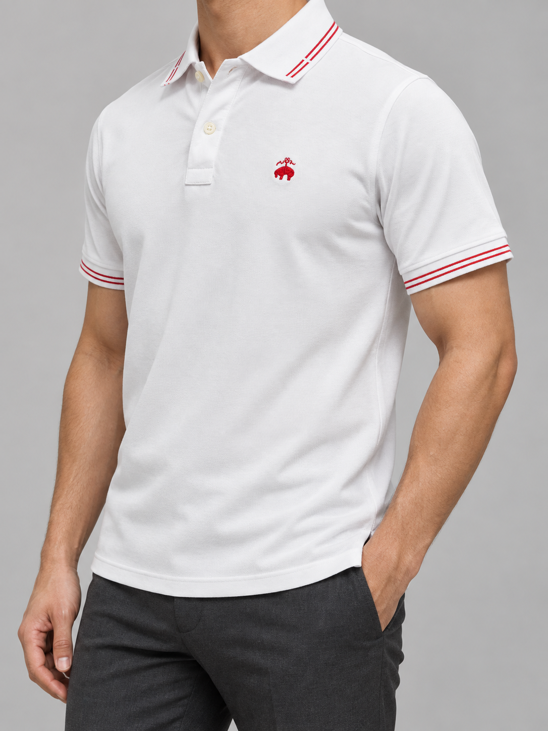 White And Red-Stripe Animal Crest Polo - view 2
