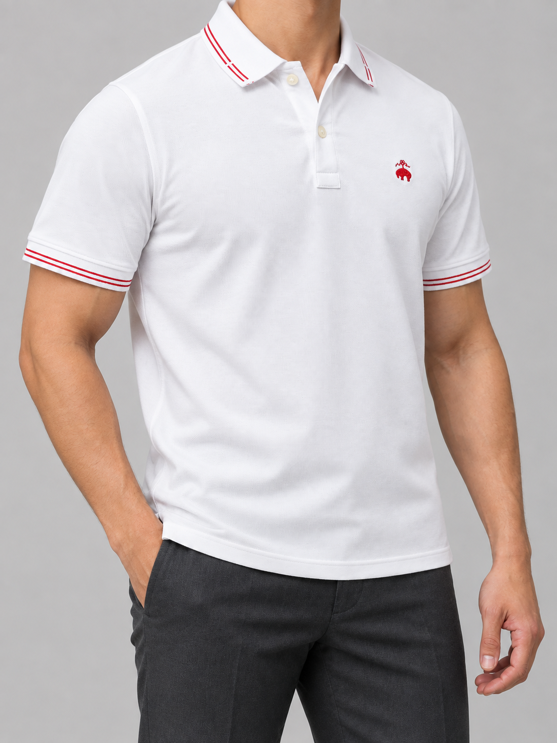 White And Red-Stripe Animal Crest Polo - view 3