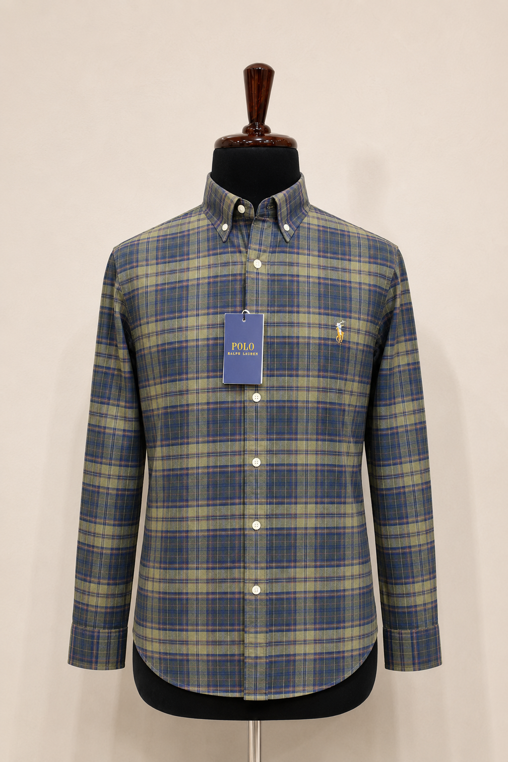 Men’s Olive and Navy Plaid Shirt - front view