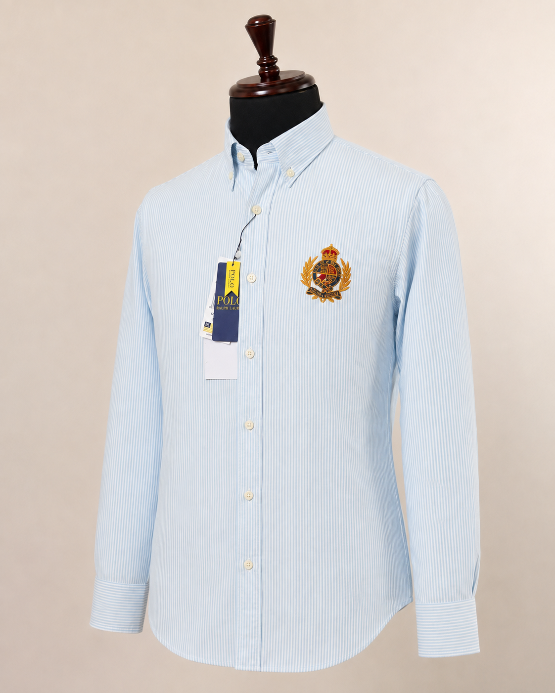Men’s Sky Blue Pinstripe Crest Shirt - front view