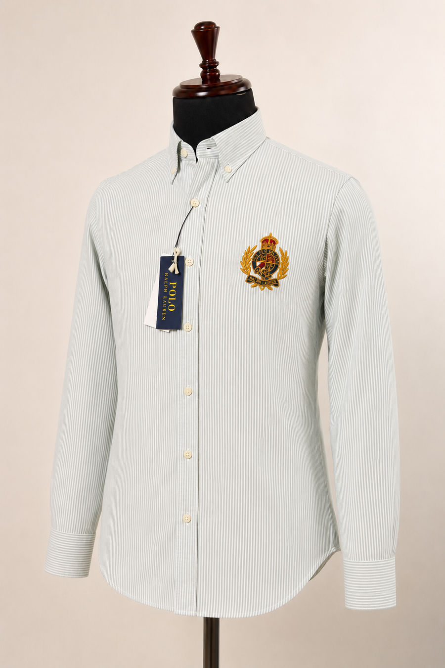 Men’s Light Grey Pinstripe Crest Shirt - front view