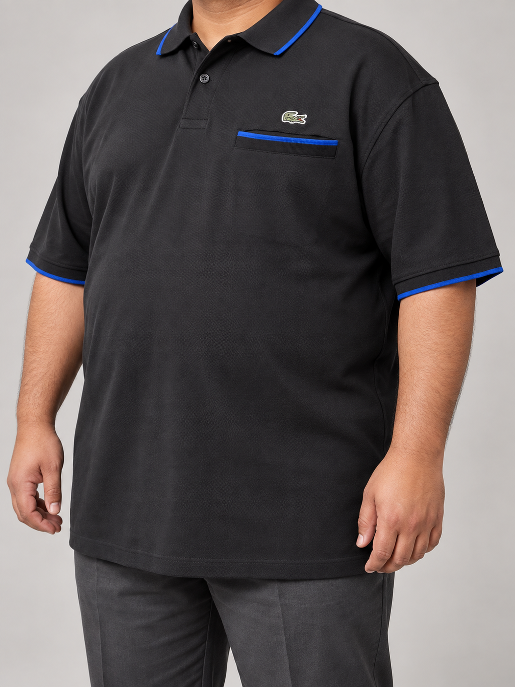 Oversized Black Pocket Polo With Blue Trim - view 2