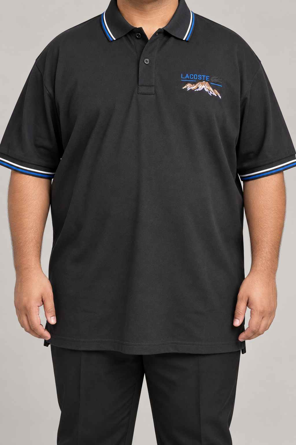 Oversized Black Mountain-Embroidery Polo With Blue And White Trim - front view