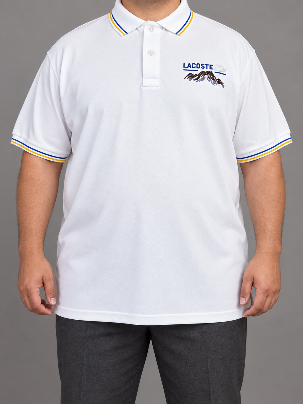 Oversized White Mountain-Embroidery Polo With Blue And Yellow Trim - front view