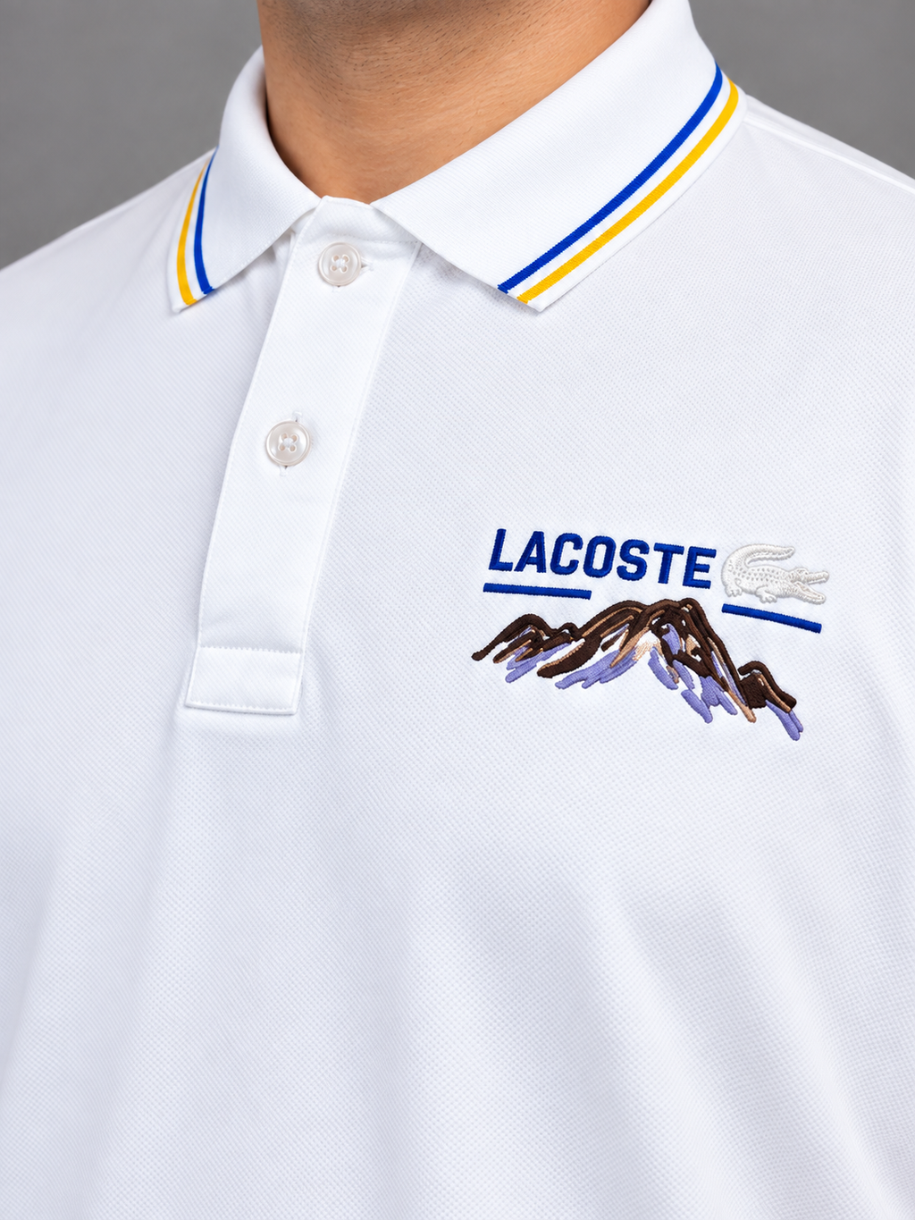 Oversized White Mountain-Embroidery Polo With Blue And Yellow Trim - view 4