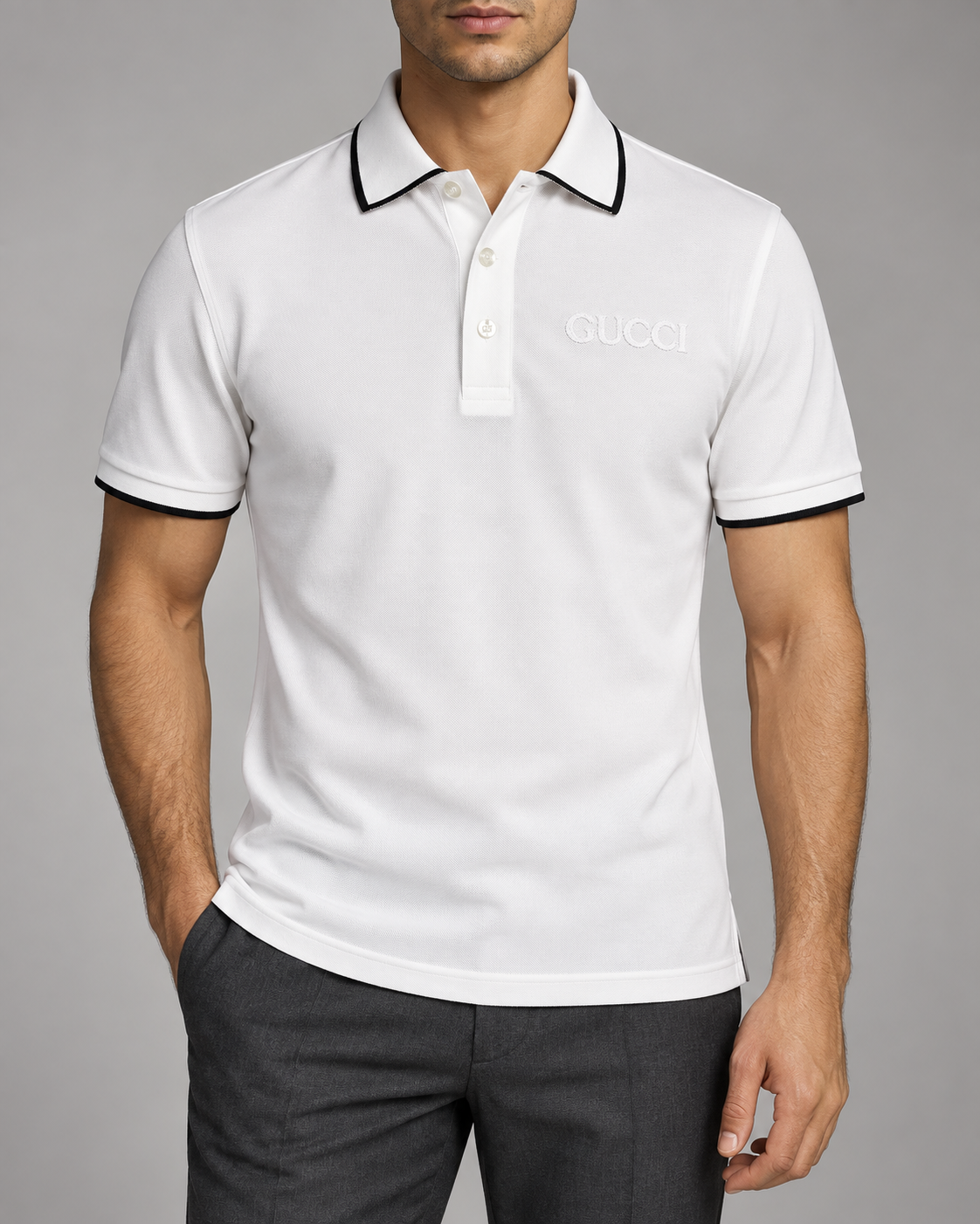 White Tonal Embroidered Polo T-Shirt - front view