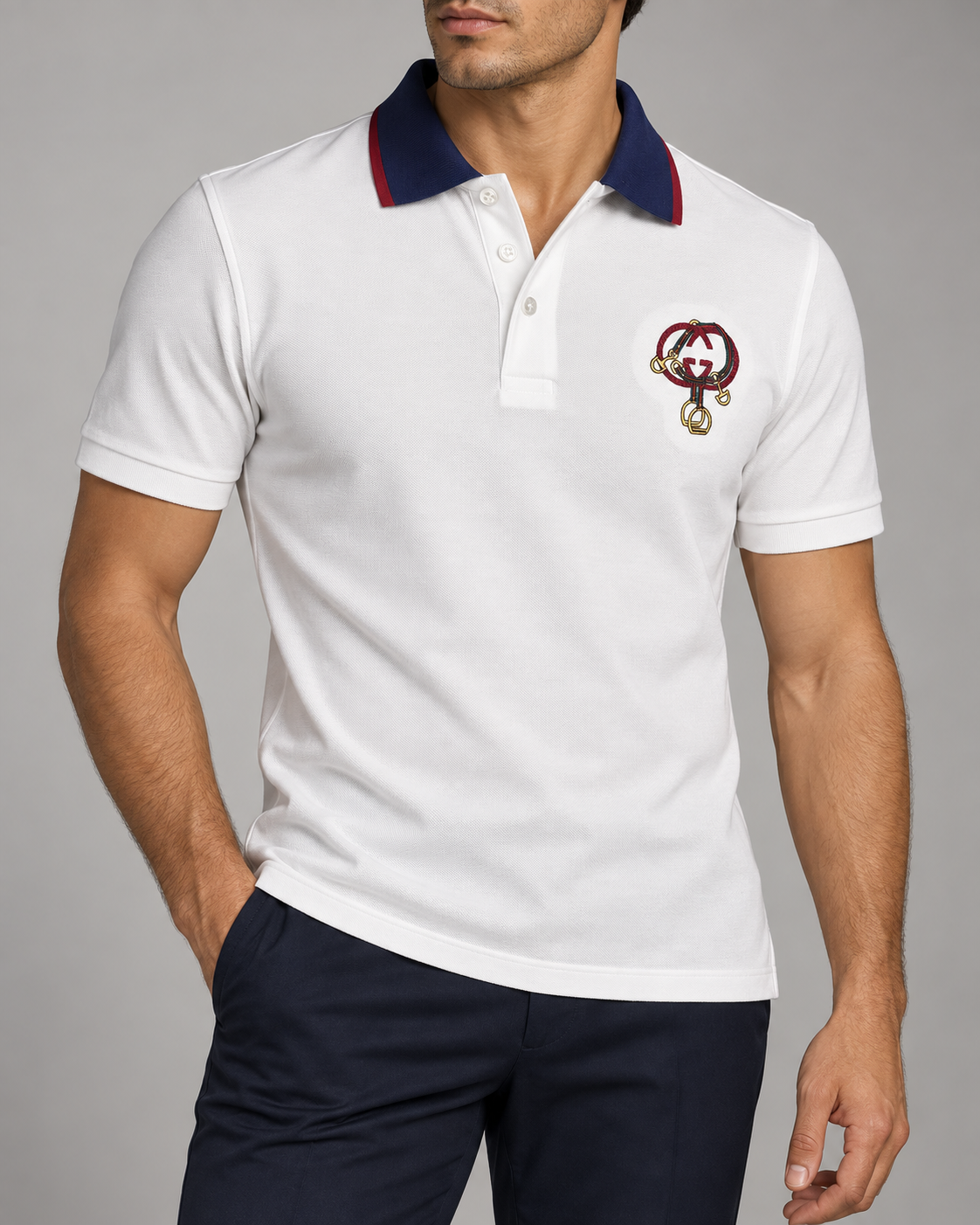 White Equestrian Embroidered Contrast-Collar Polo T-Shirt - view 2