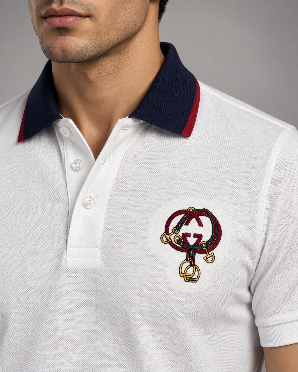 White Equestrian Embroidered Contrast-Collar Polo T-Shirt - view 4