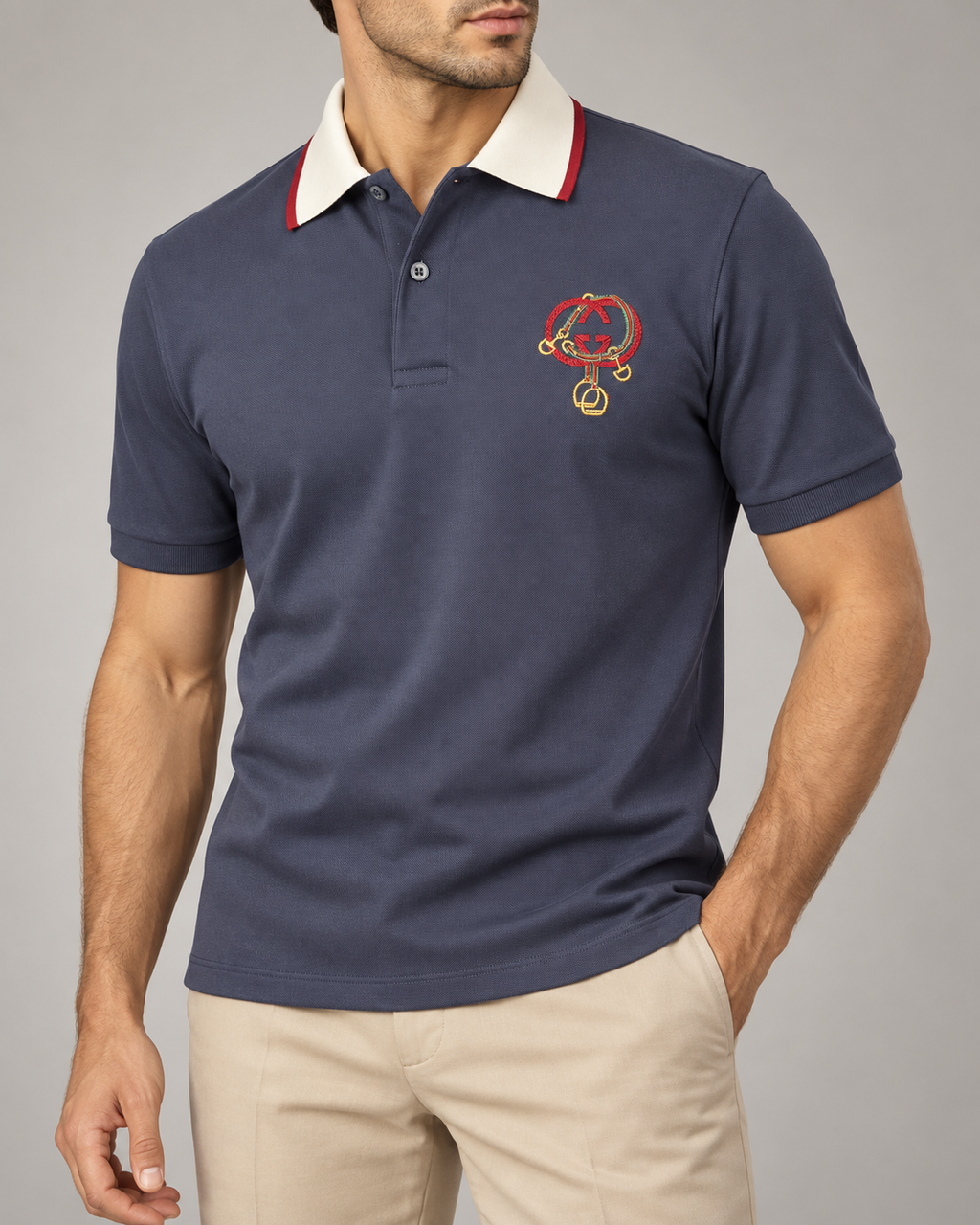 Navy Equestrian Embroidered Contrast-Collar Polo T-Shirt - view 2