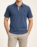BRBRY — Slate Blue Check Placket Tonal Crest Polo
