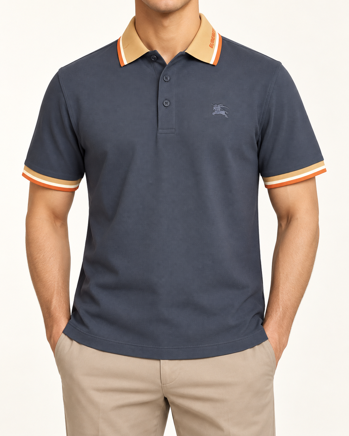 Slate Navy Camel Orange Trim Polo - front view