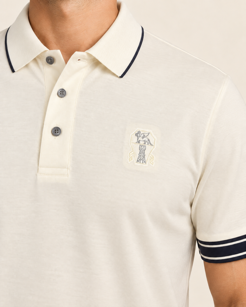 Cream Embroidered Crest Contrast-Trim Polo T-Shirt - view 4