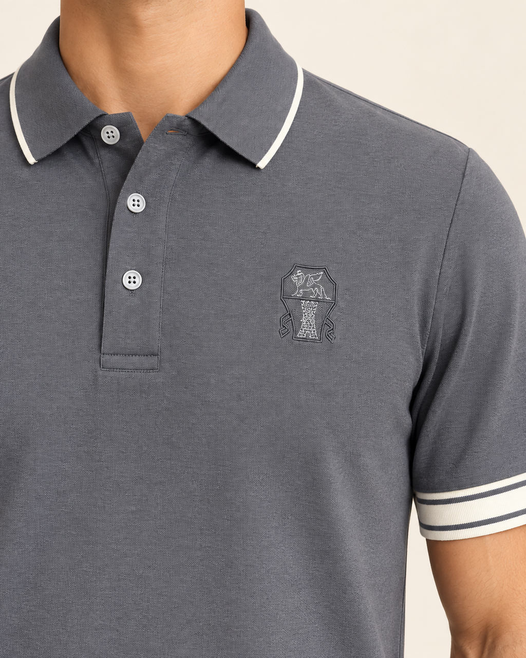 Grey Embroidered Crest Contrast-Trim Polo T-Shirt - view 4