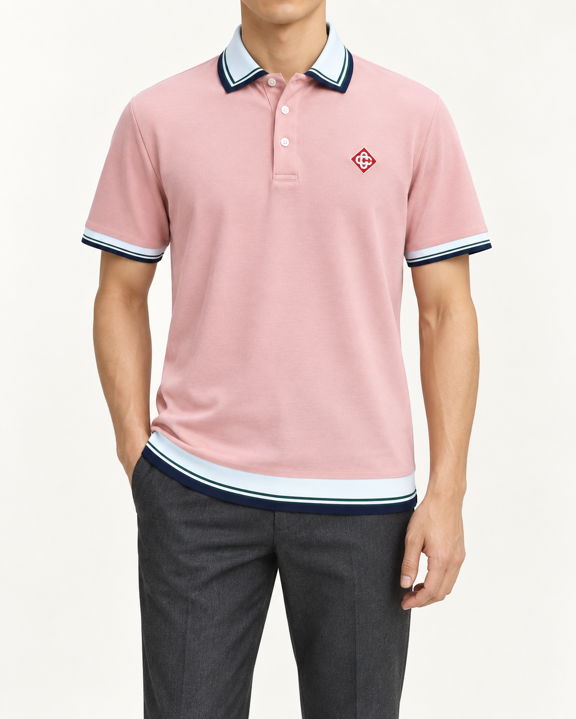 Blush Pink Contrast-Trim Crest Polo Shirt - front view