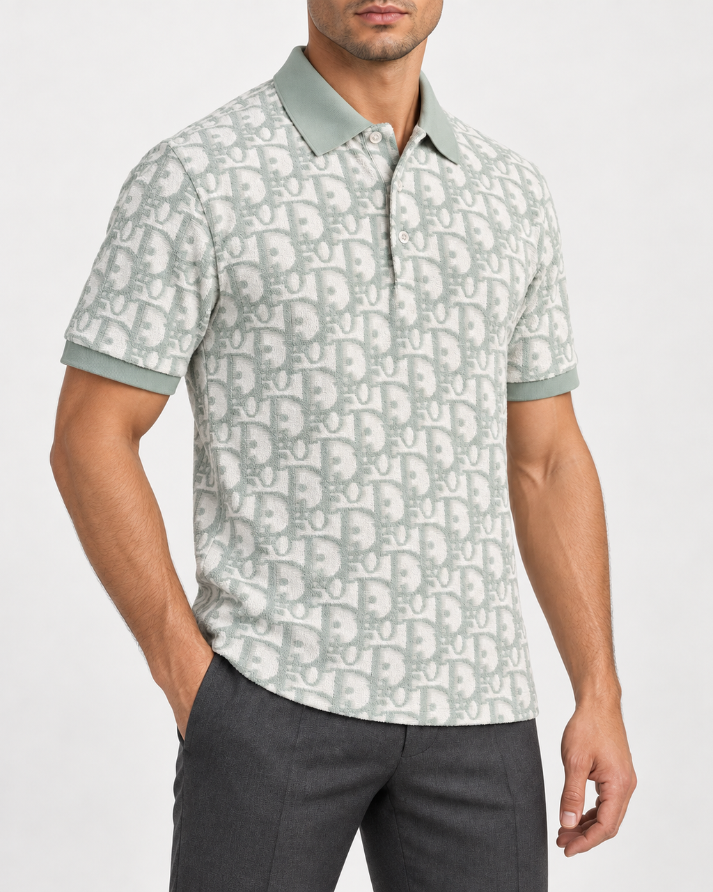 Mint Green & Ivory Towelling Monogram Polo Shirt - view 2