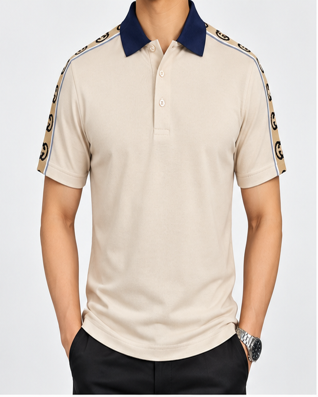 Beige Shoulder-Print Polo T-Shirt - front view