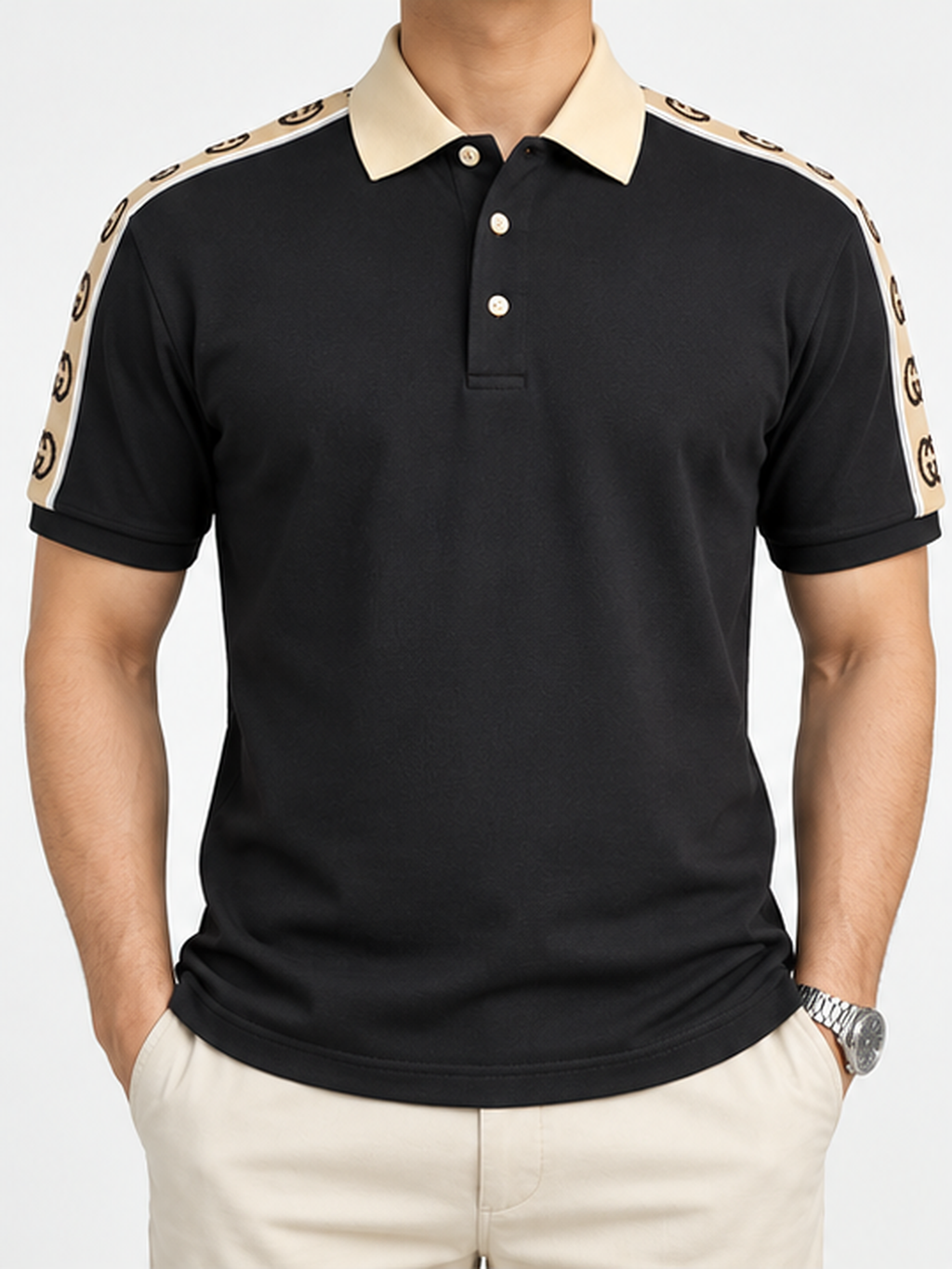 Black Shoulder-Print Polo T-Shirt - front view
