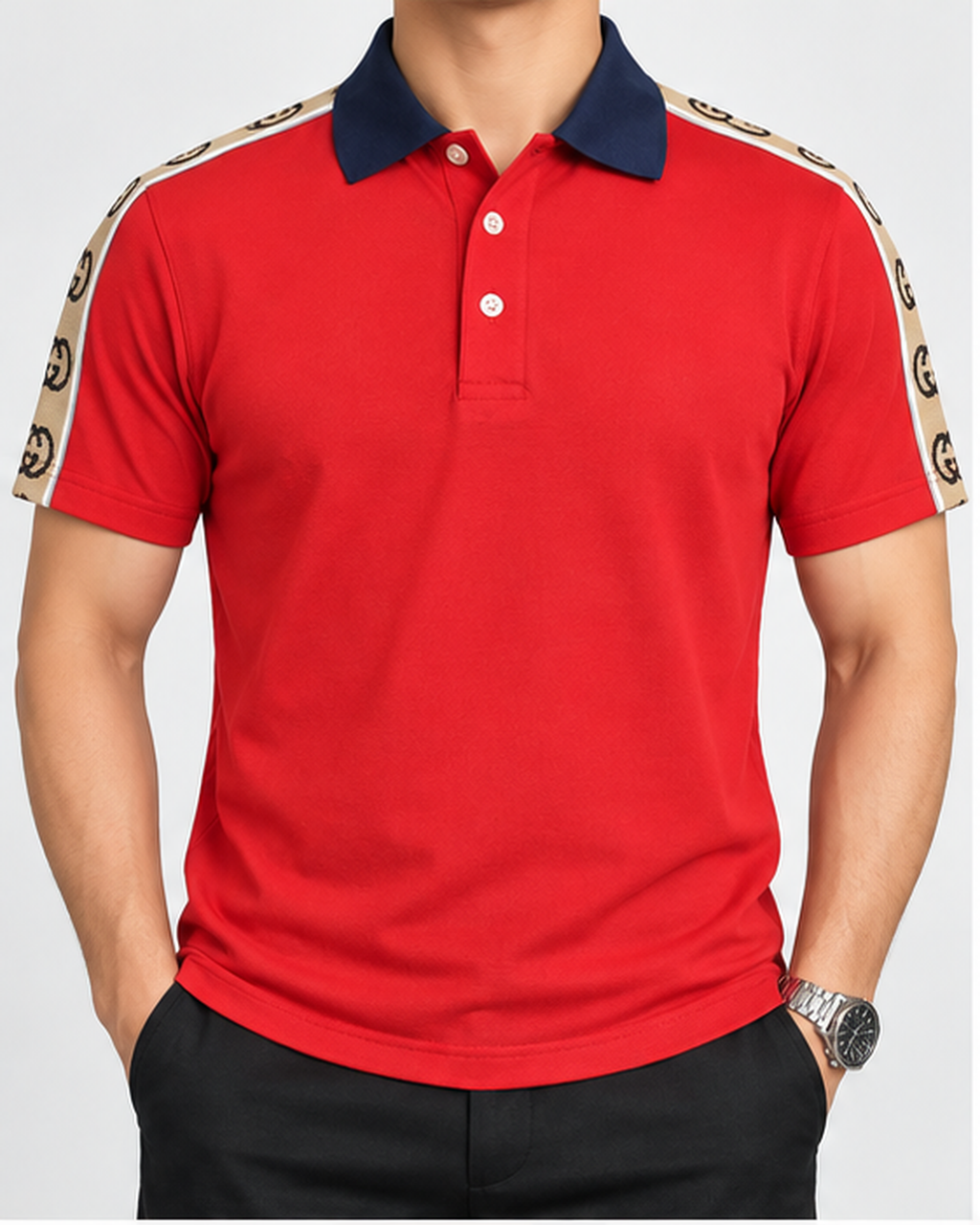 Red Shoulder-Print Polo T-Shirt - front view