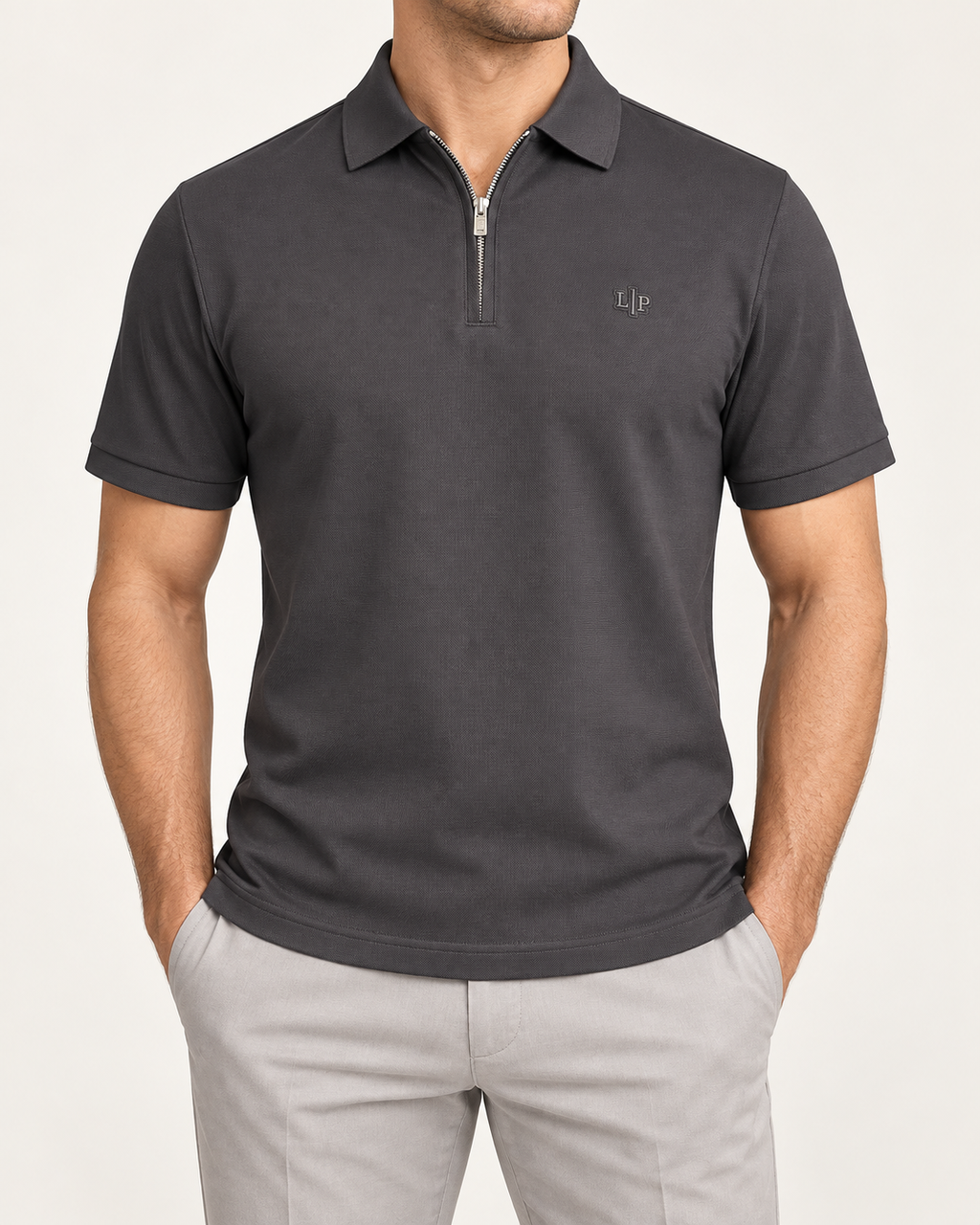 Charcoal Zip-Neck Logo Polo Shirt - front view