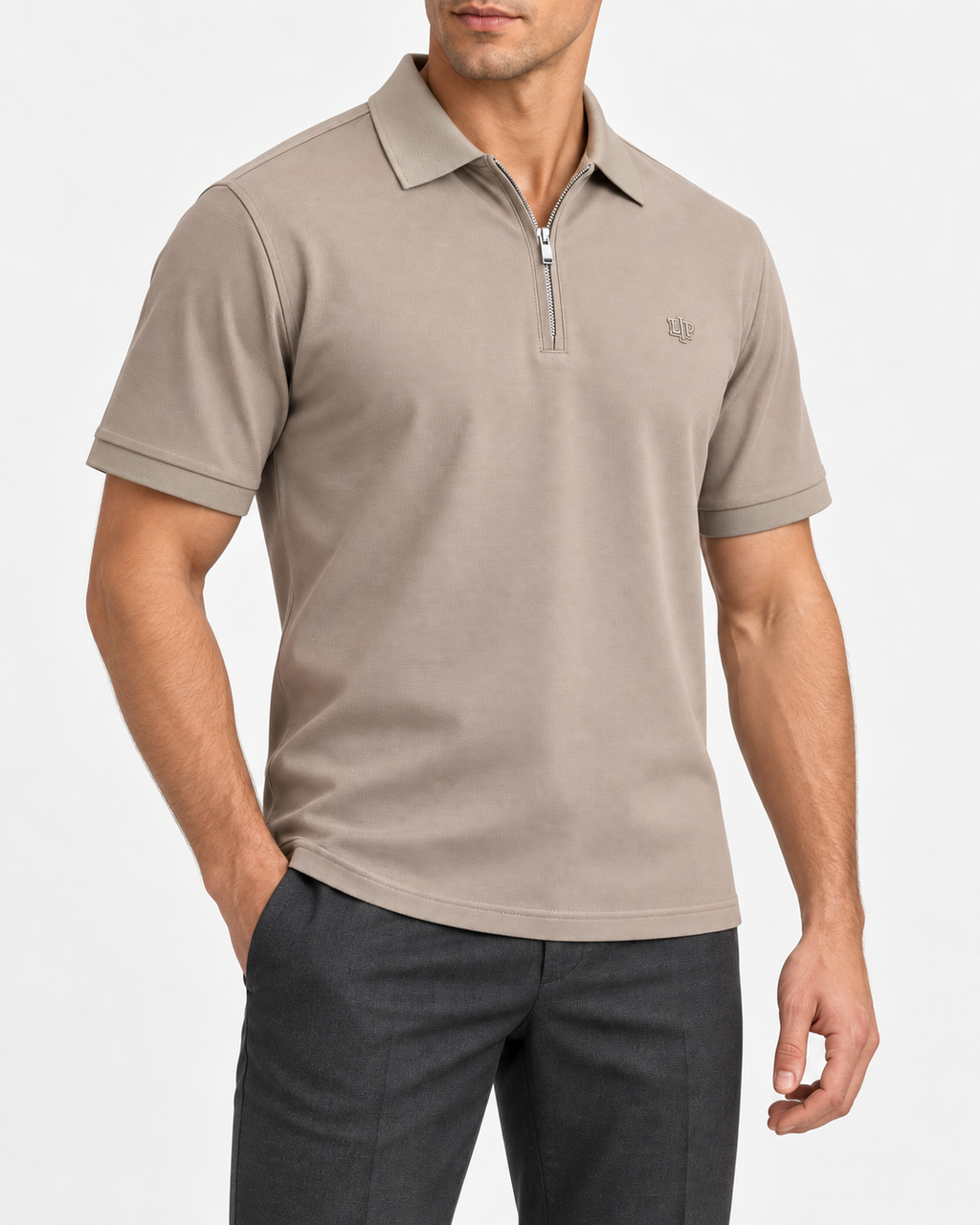 Taupe Zip-Neck Logo Polo Shirt - view 2