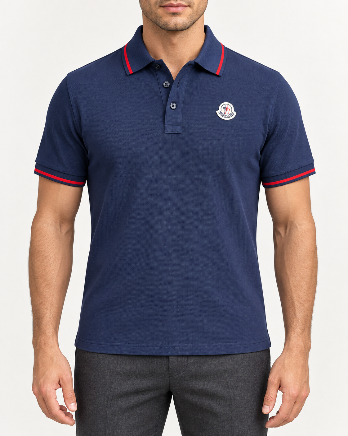 Navy Blue Red-Trim Logo Polo Shirt - front view
