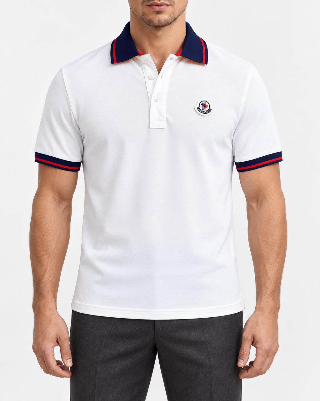 White Navy & Red-Trim Logo Polo Shirt - front view