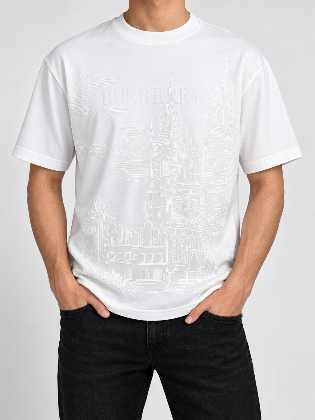 Men’s White Tonal Castle Drop-Shoulder T-Shirt - front view