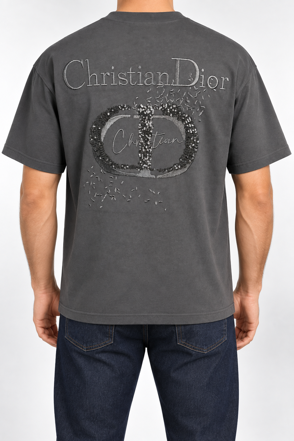 Men’s Charcoal Sequin Monogram Drop-Shoulder T-Shirt - view 5