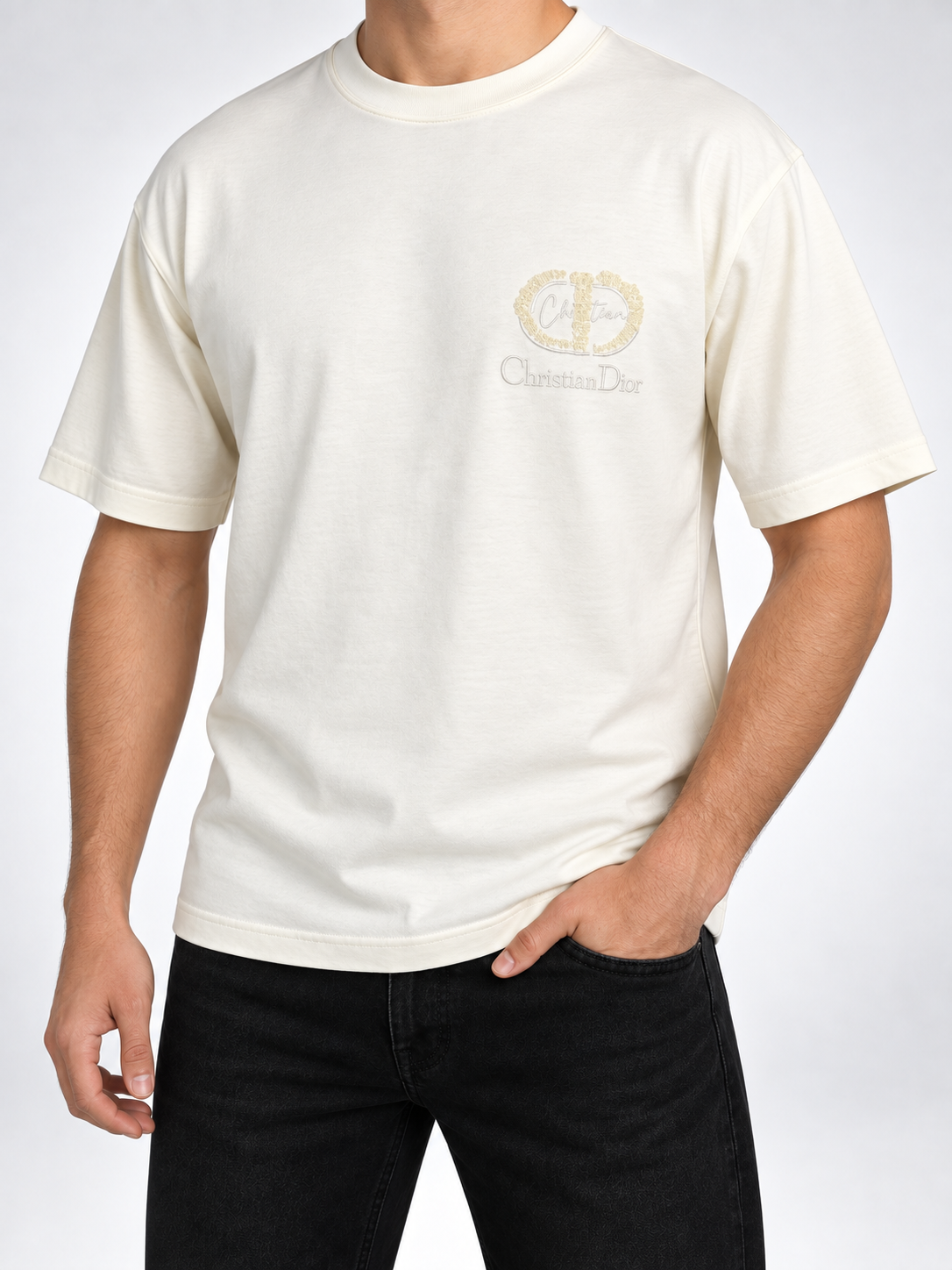 Men’s Ivory Tonal Sequin Monogram Drop-Shoulder T-Shirt - view 3