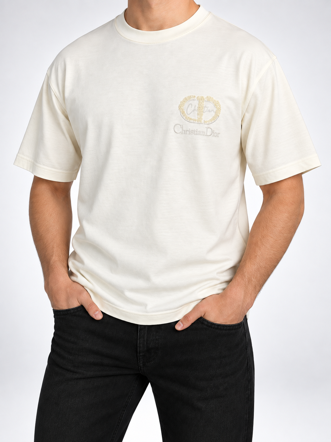 Men’s Ivory Tonal Sequin Monogram Drop-Shoulder T-Shirt - view 4