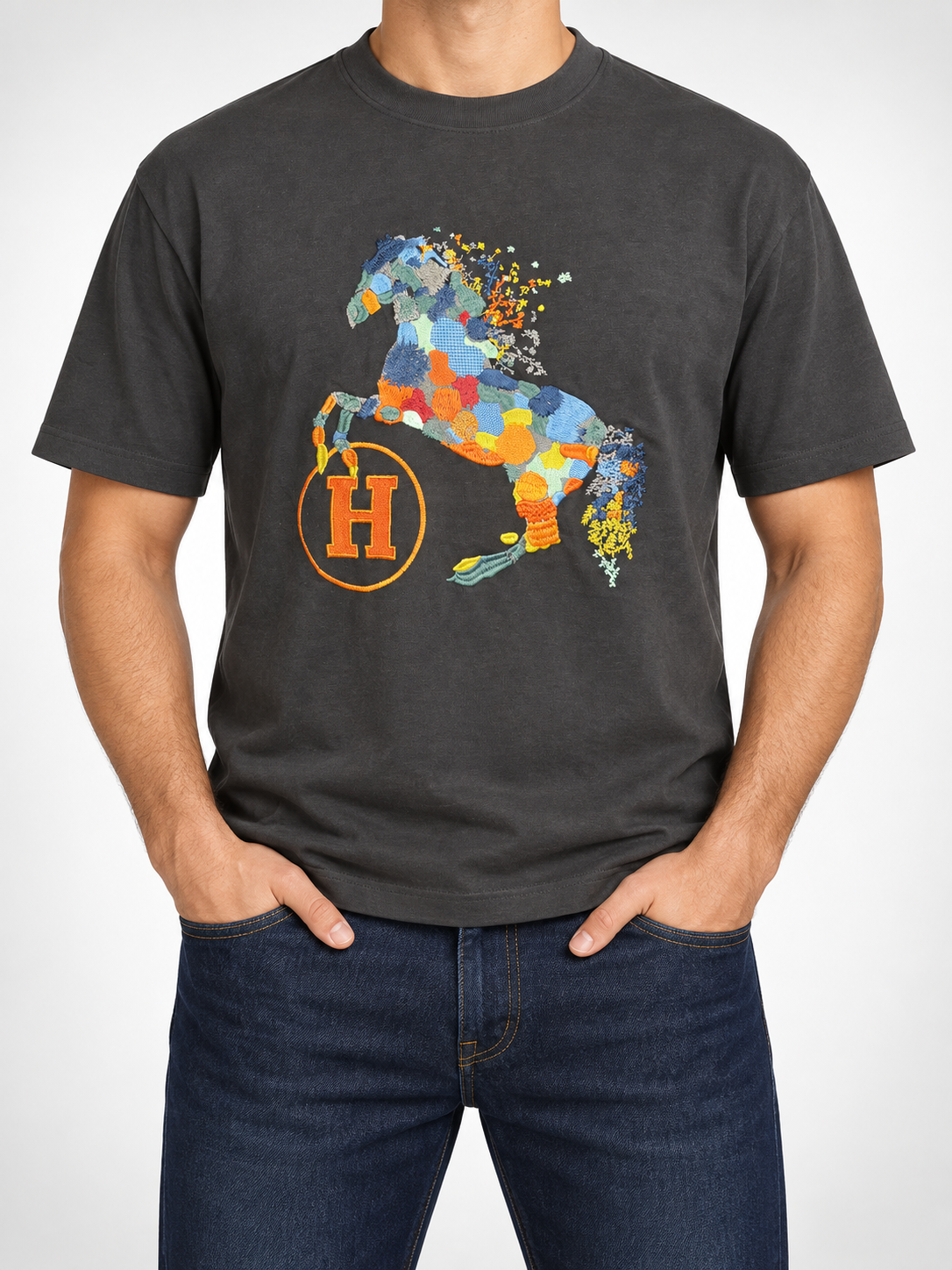 Men’s Charcoal Patchwork Horse T-Shirt - front view