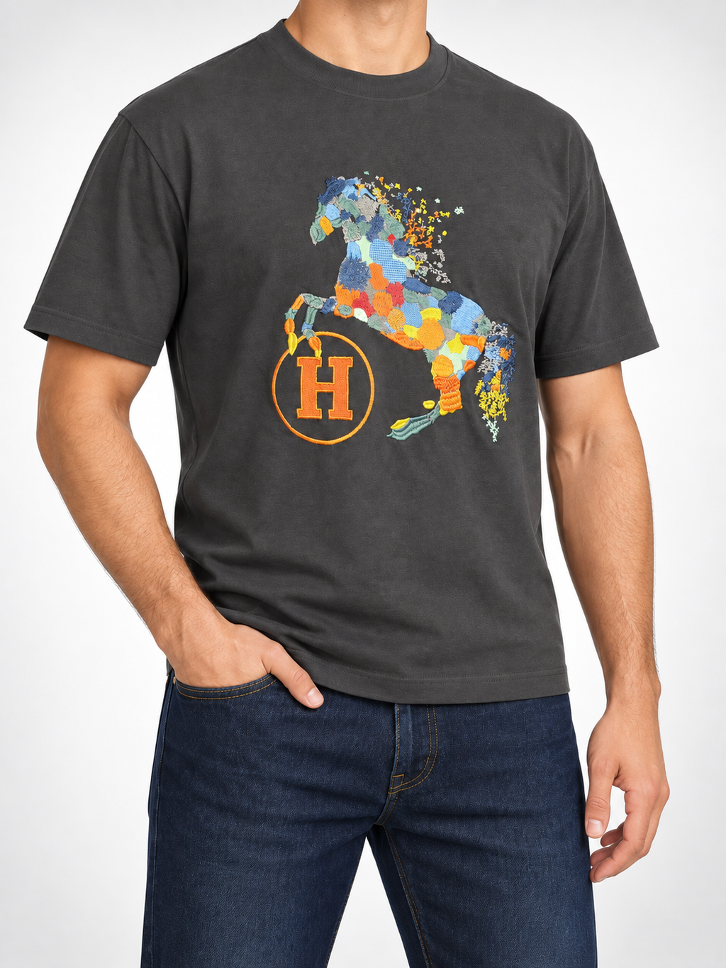Men’s Charcoal Patchwork Horse T-Shirt - view 2