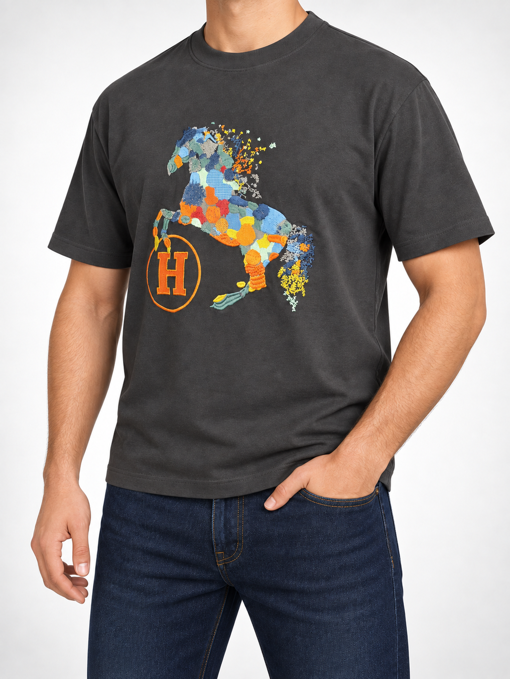 Men’s Charcoal Patchwork Horse T-Shirt - view 3