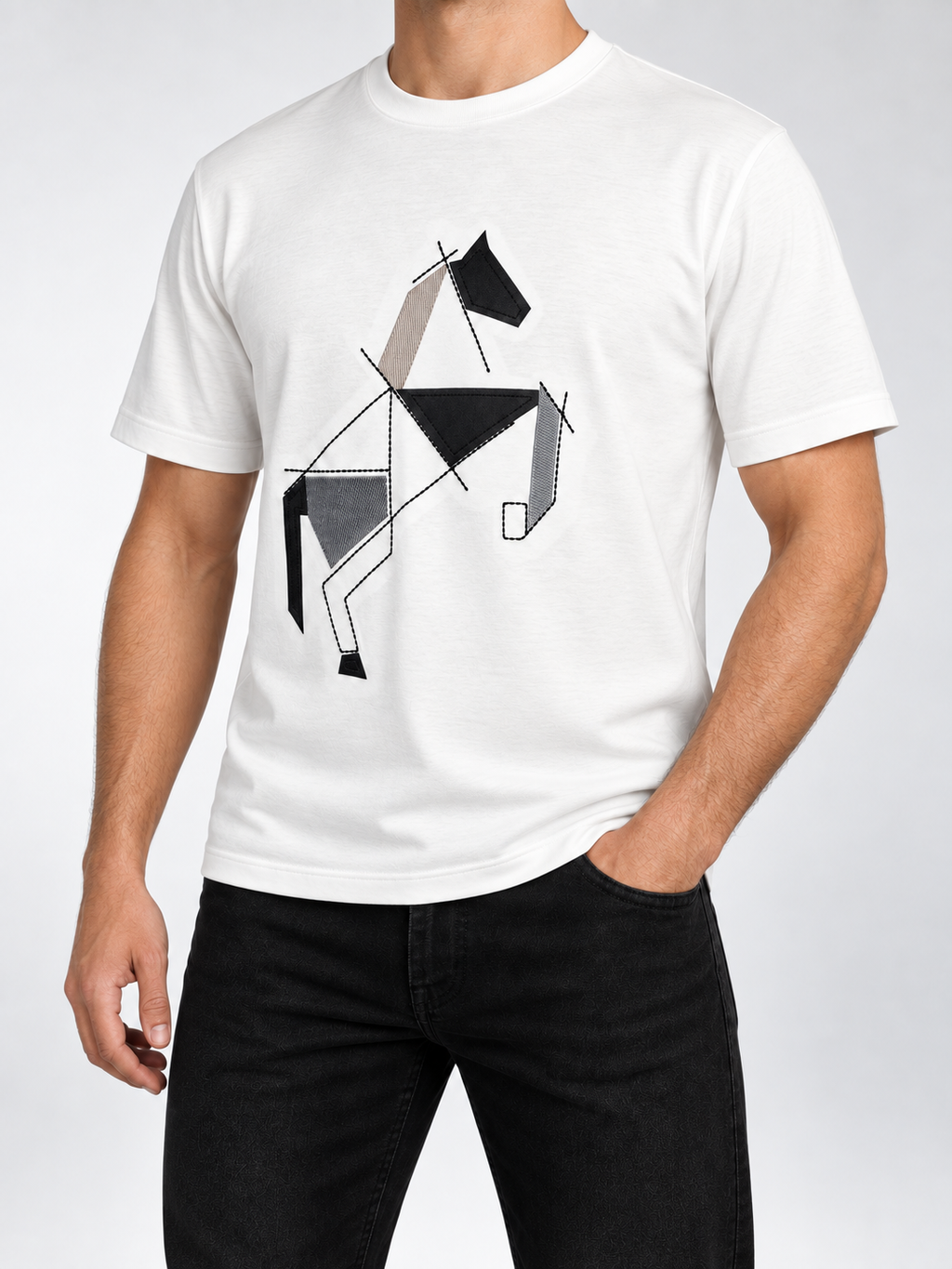 Men’s Ivory Geometric Horse Appliqué T-Shirt - view 3