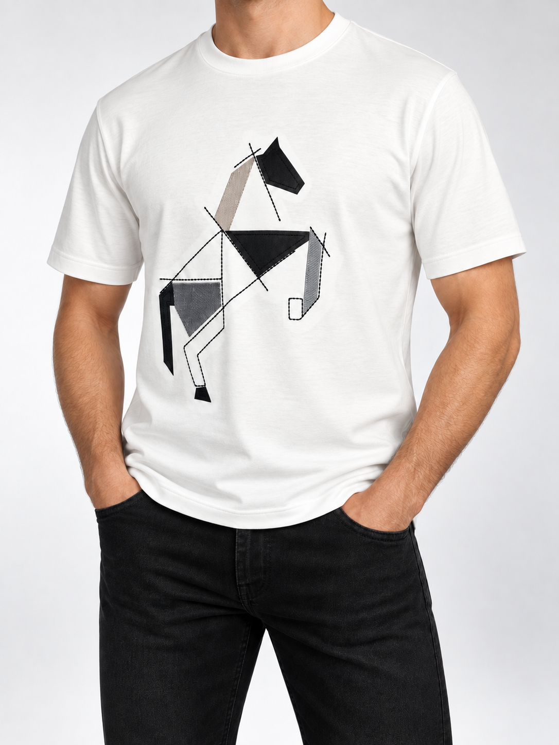 Men’s Ivory Geometric Horse Appliqué T-Shirt - view 4