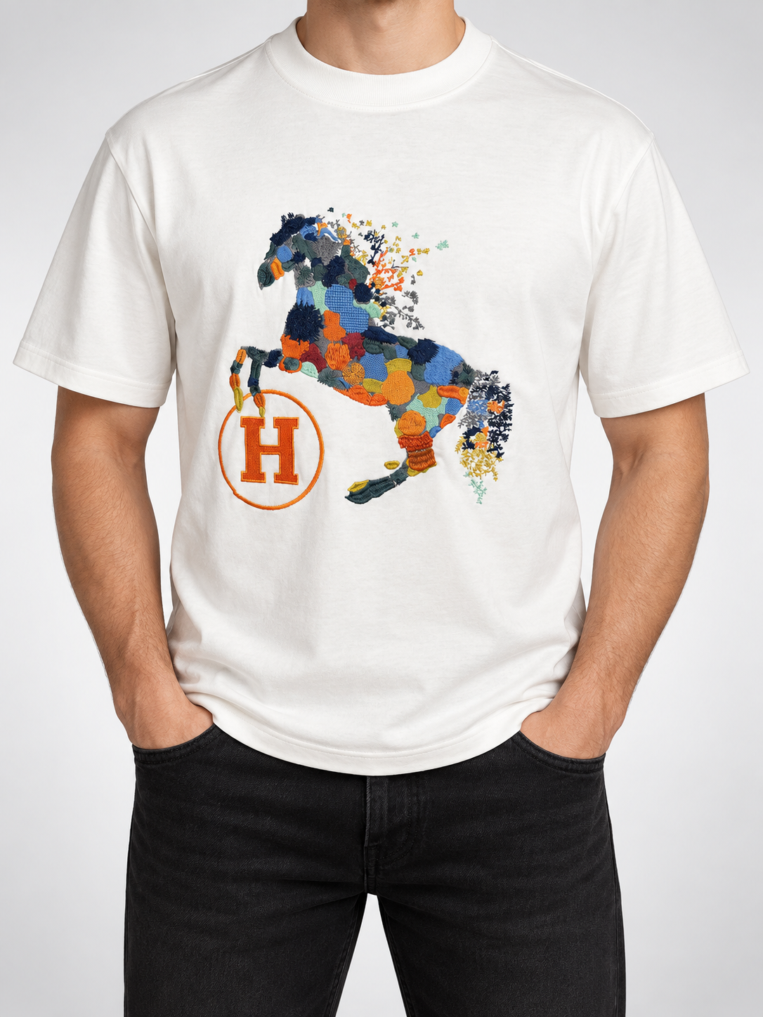 Men’s Ivory Patchwork Horse T-Shirt - front view