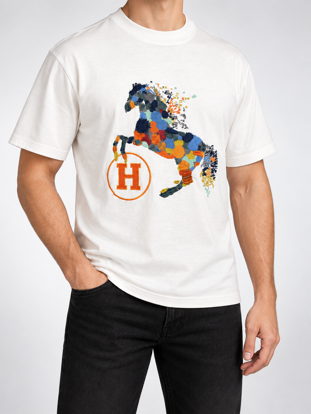 Men’s Ivory Patchwork Horse T-Shirt - view 2