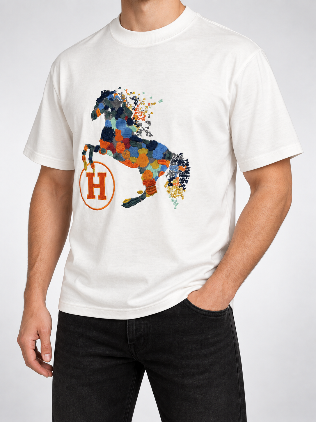 Men’s Ivory Patchwork Horse T-Shirt - view 3