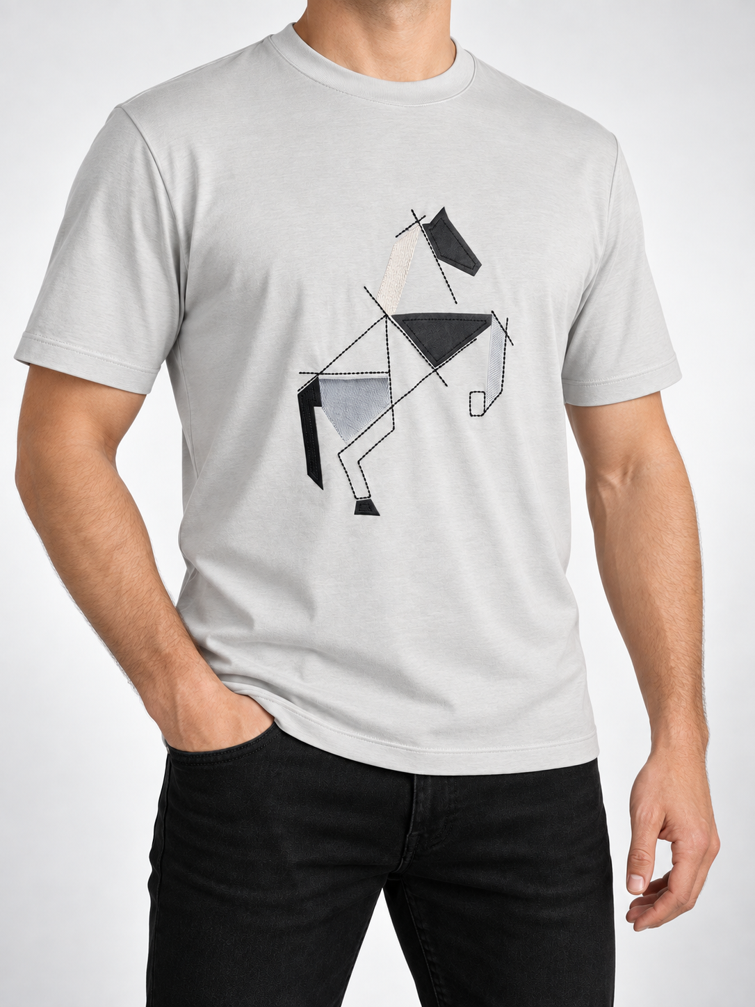 Men’s Light Grey Geometric Horse Appliqué T-Shirt - view 3