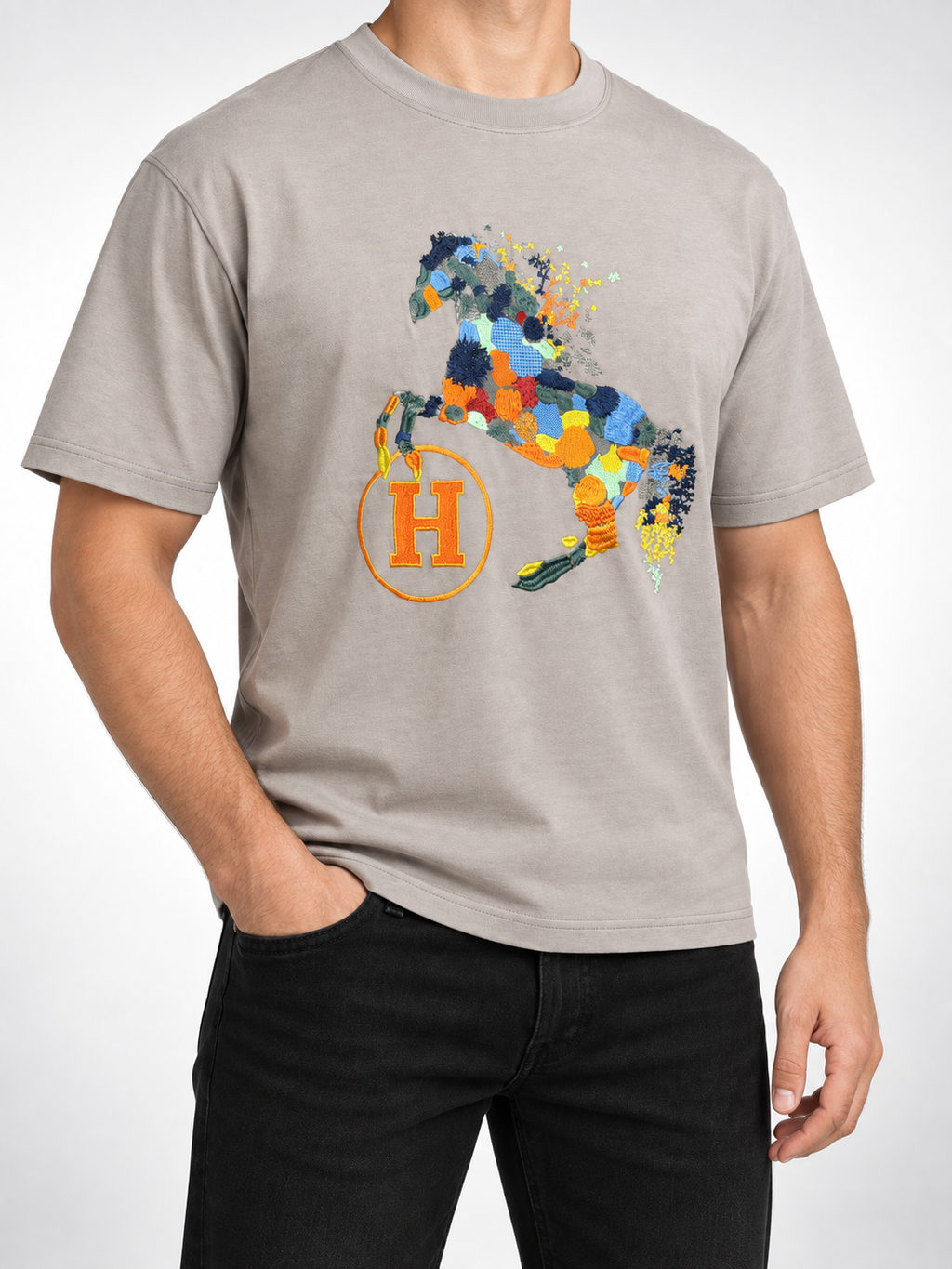 Men’s Taupe Patchwork Horse T-Shirt - view 2