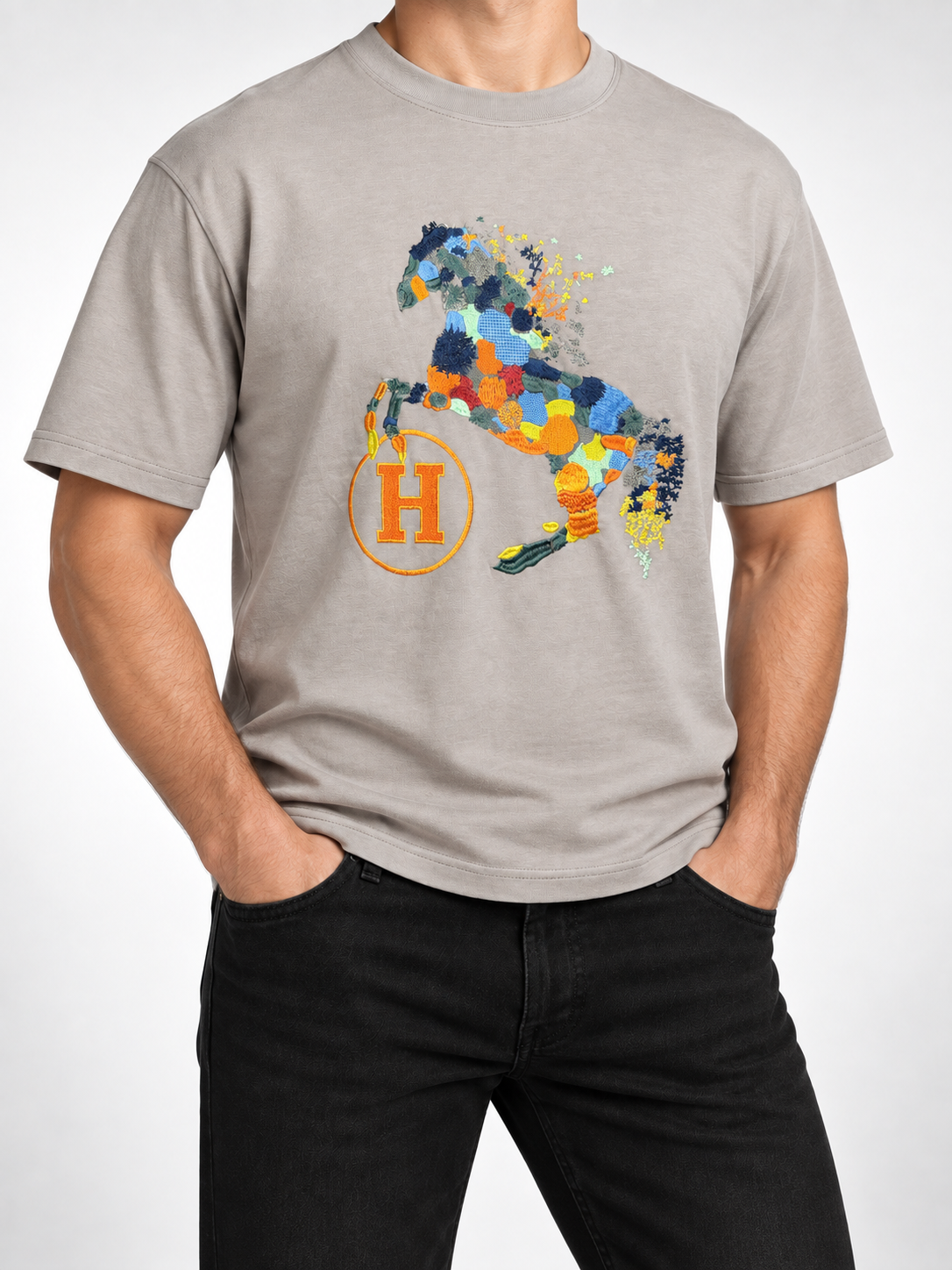 Men’s Taupe Patchwork Horse T-Shirt - view 4