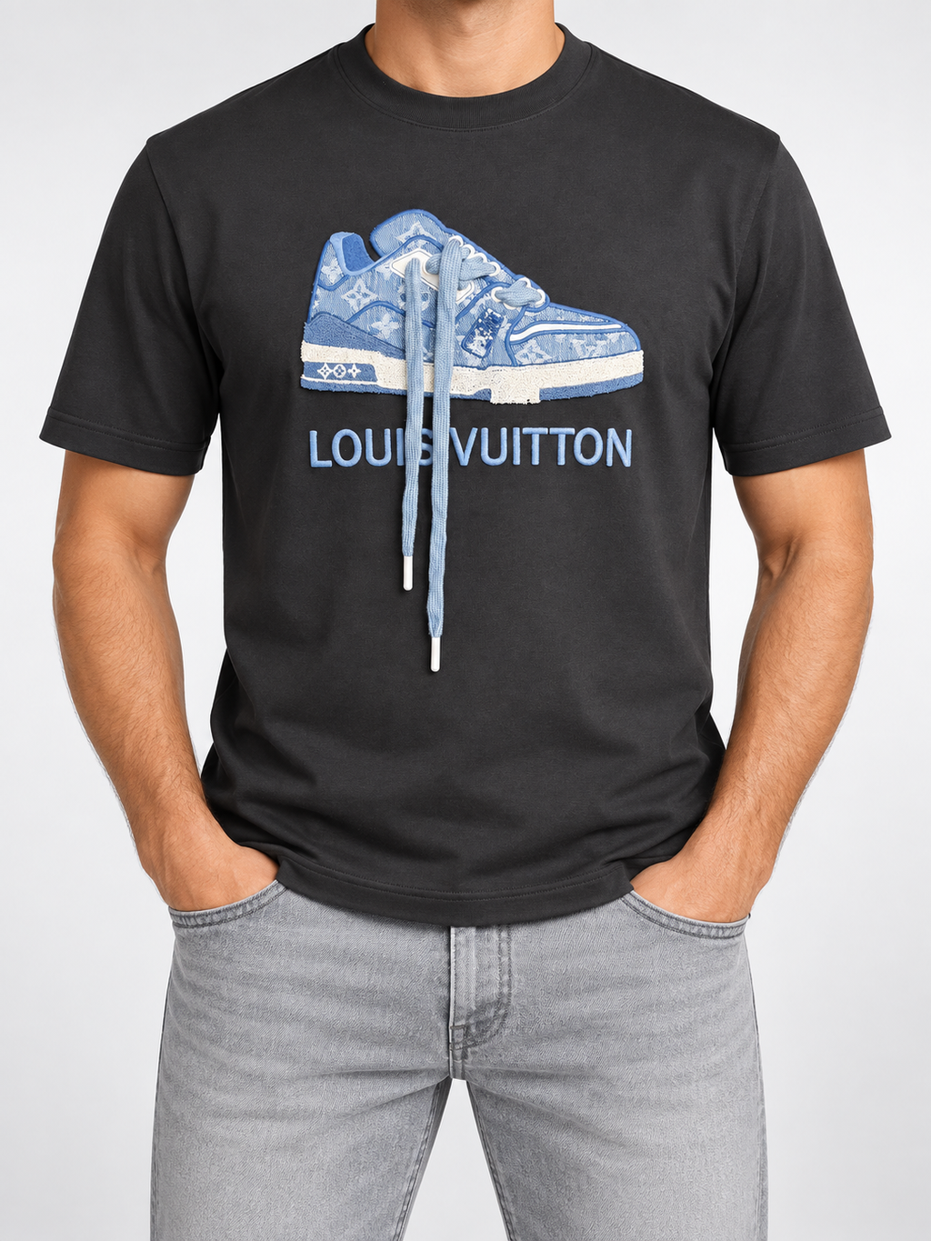Men’s Black Blue Sneaker Graphic T-Shirt - front view