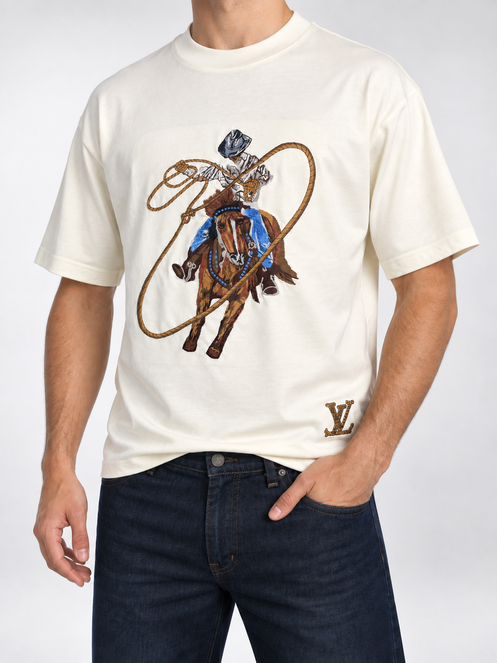 Men’s Ivory Cowboy Embroidered T-Shirt - view 3