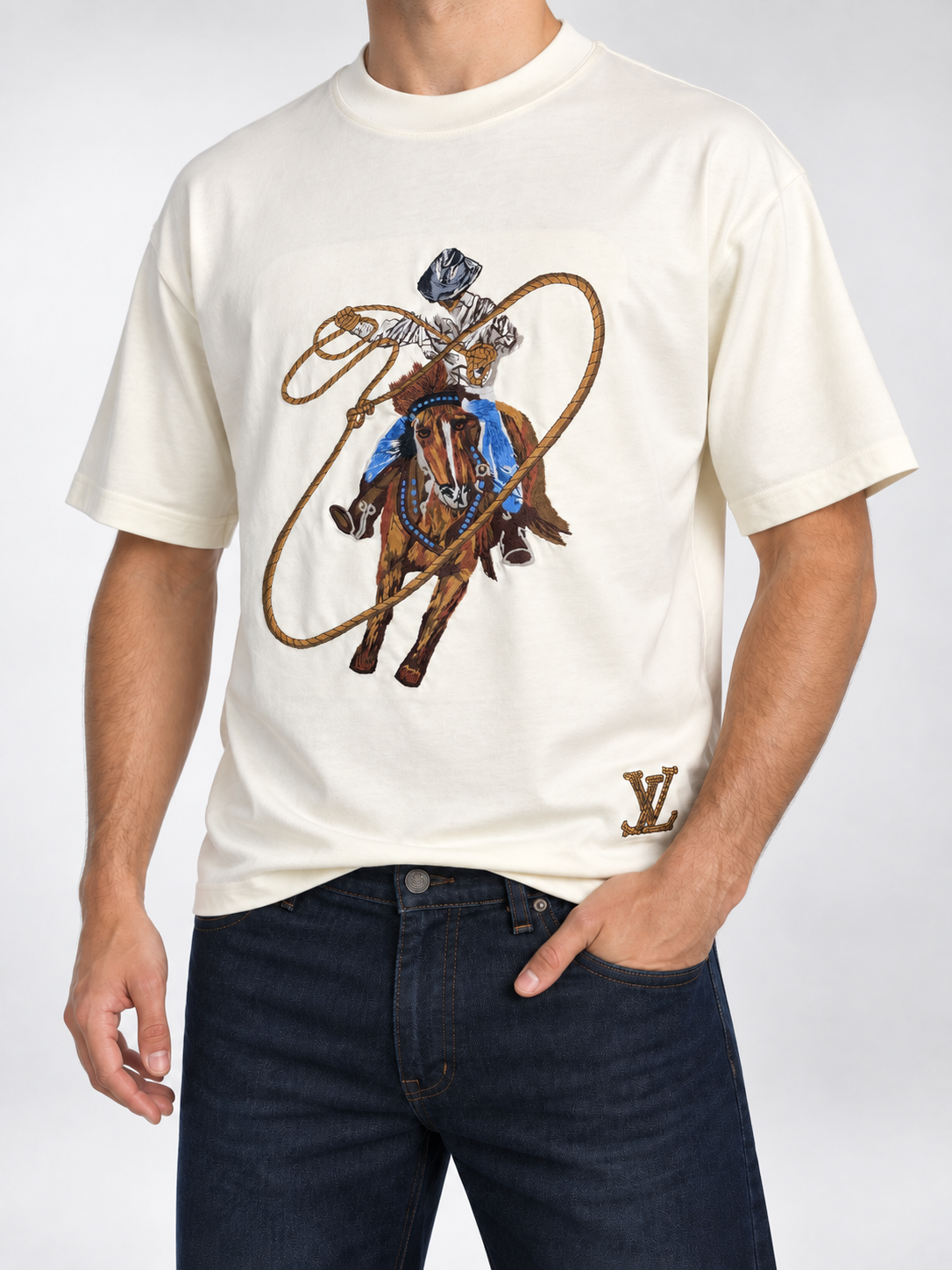 Men’s Ivory Cowboy Embroidered T-Shirt - view 3
